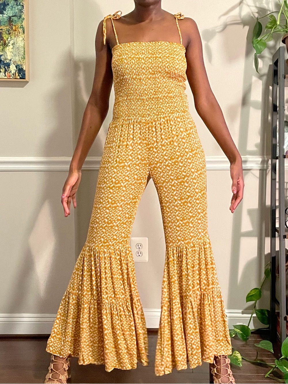 Smocked Tie-Strap Jumpsuit in Mustard Yellow